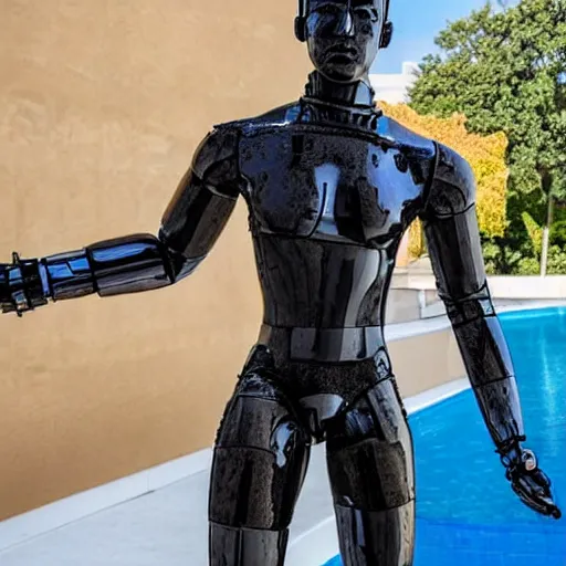 Image similar to a realistic detailed photo of a guy who is an attractive humanoid who is half robot and half humanoid, who is a male android, wrestler nick suriano, shiny skin, posing like a statue, blank stare, by the pool, on display, showing off his muscles, humanoid robot, frozen ice statue