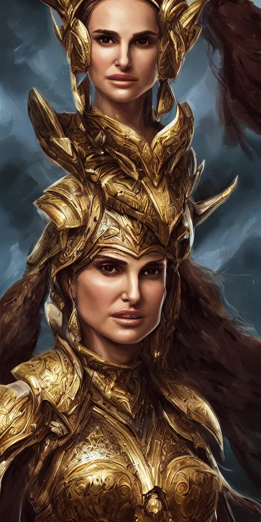 Prompt: portrait of natalie portman as a war goddess. 8 k, stunning and beautiful, award winning, highly detailed, extremely delicate armor, beautiful portrait, dramatic, mystical, league of legends style