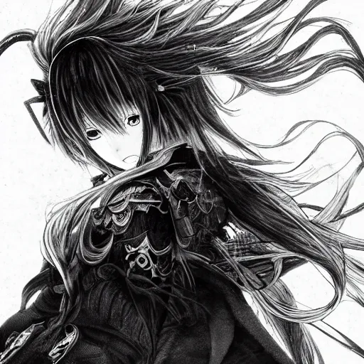 Image similar to yoshitaka amano blurred and dreamy illustration of an anime girl with black eyes, wavy white hair fluttering in the wind wearing elden ring armor with engraving, abstract black and white patterns on the background, noisy film grain effect, highly detailed, renaissance oil painting, weird portrait angle, blurred lost edges, three quarter view, hyper light drifter color palette