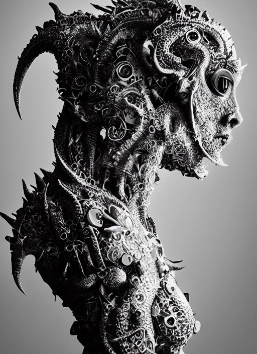 Prompt: a black and white high quality photo of a young beautiful female queen - dragon - cyborg bust with a very long neck and mandelbrot fractal face, cinematic, intricate linework, photorealism, ellen jewett, alessio albi, artgerm