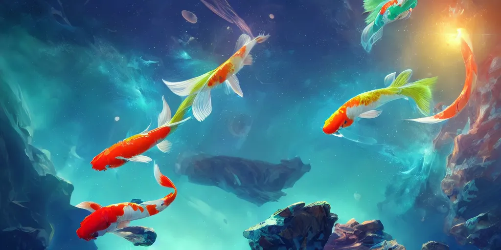 Image similar to koi fish floating in space, turquoise and emerald background, realistic detailed digital art by maxwell boas, jessica rossier, christian dimitrov, anton fadeev, trending on artstation, cgsociety, rendered in unreal engine, shadow of the tomb rider, soft colors, 4 k, hq