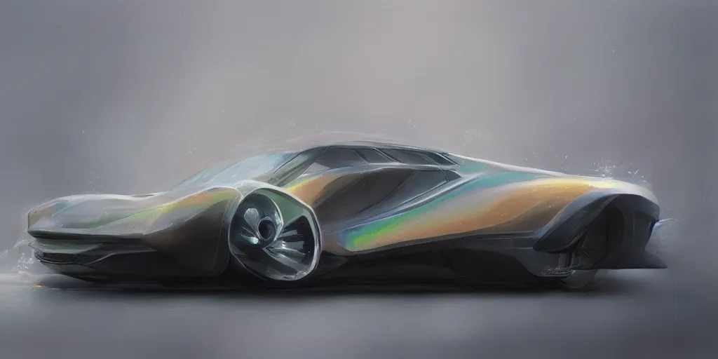 Image similar to full view of a car, painted in silver rainbow holographic pearlescent, elegant, digital painting, concept art, smooth, sharp focus, art style from Wang Ke and Greg Rutkowski and Bruce Kaiser and Scott Robertson and Dmitry Mazurkevich and Doruk Erdem and Jon Sibal, small style cue from Blade Runner