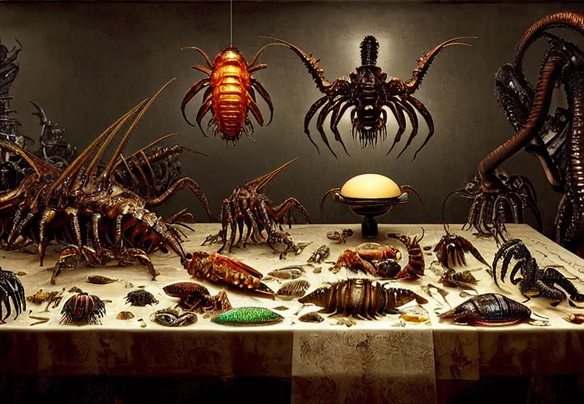 Prompt: an opulent banquet of food on a table covered with iridescent hissing cockroaches and huge spiky hermit crabs. magical glowing smoke drifts through the room. iridescent giger ’ s xenomorph. the thing. the blob. movie monsters. reclaimed lumber, detailed and intricate environment, hyperrealism, food photography, rembrandt