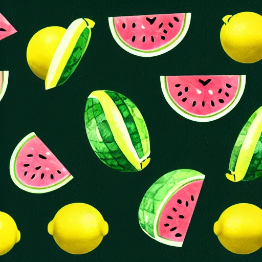 Prompt: retro, hd illustration of watermelons and lemons, mint leaves, inspired by watercolor masterpieces, trending on artstation, 4 k