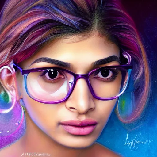 Image similar to dream portrait of Mia Khalifa, dreamy and ethereal, expressive pose, big pink eyes, exciting expression, fantasy, intricate, elegant, many rainbow bubbles, rose tones, highly detailed, digital painting, artstation, concept art,cyberpunk wearing, smooth, sharp focus, illustration, art by artgerm and greg rutkowskiand alphonse mucha,Salvador Dali.