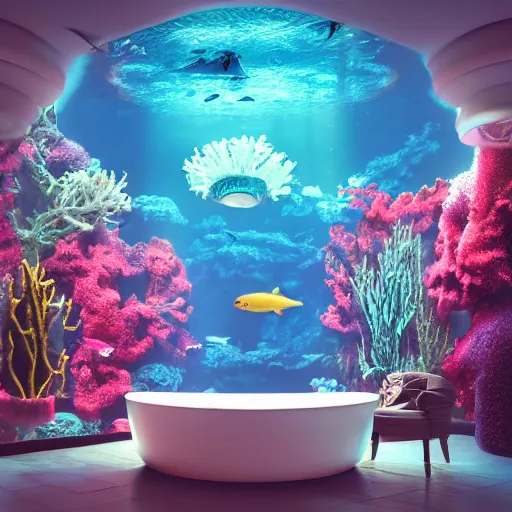 Prompt: photo of the modern fashionable room as aquarium with a chandelier as a big jellyfish, beautiful corals on the walls and dangerous sharks on the big panoramic window, realism, sharp details, cinematic, a lot of gleans, under the ocean, realistic colors, realistic shadows, daylight made in blender and cinema 4 d, hd, 3 d by beeple and by greg rutkowski