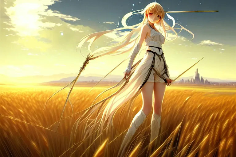 Prompt: wlop's legendary and beautiful anime - style digital painting of saber lily standing in a field of wheat, facing the far - off city to the west, intricate details, ultra realistic, beautiful art, volumetric lighting, by wlop, by art germ, by brom, trending cgsociety, artstation