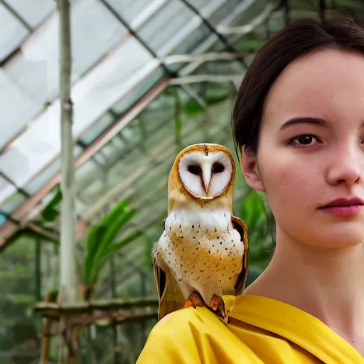 Image similar to portrait photograph of beautiful!!!! young female , symmetric face!, symmetric eyes, slight smile, natural light, wearing a yellow kimono!! with a very detailed barn owl! on her shoulder in a tropical greenhouse. looking at the camera!!. golden crown made of golden leaves. super resolution. Extremely detailed. Graflex camera!, bokeh!!!!!.