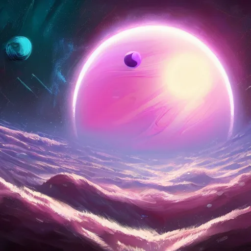 Prompt: a detailed digital painting of a marble - like planet orbiting a large purple sun in a sea of stars surrounded by colorful swirling gas clouds, by alena aenami, petros afshar and greg rutkowski trending on artstation, deviantart, planet, clouds, earth, exoplanet, stars, nubulae hubble