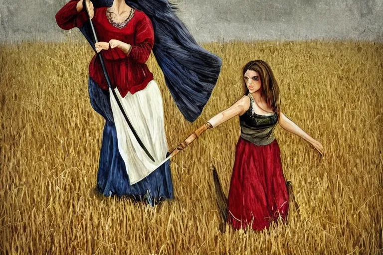 Image similar to concept art romanian woman with scythe, mowing of the hay, drmatic ligthing, traditional romanian clothes, artdtation beautiful