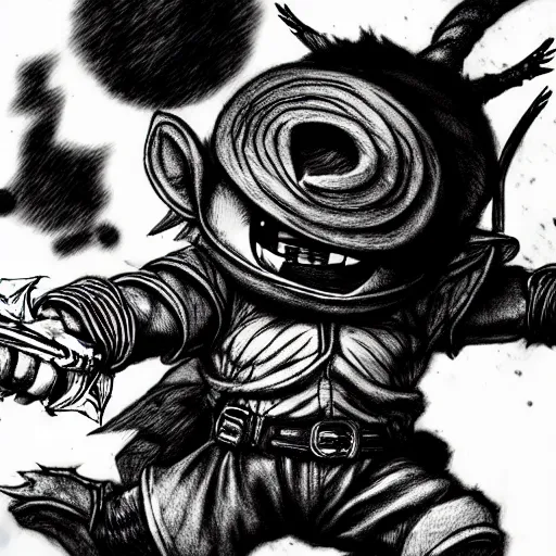 Image similar to Teemo (league of legends, 2009), artwork by kentaro miura, Kentaro Miura style, Berserk Style, High details, cinematic composition, manga, black and white ink style, a lot of details with ink shadows