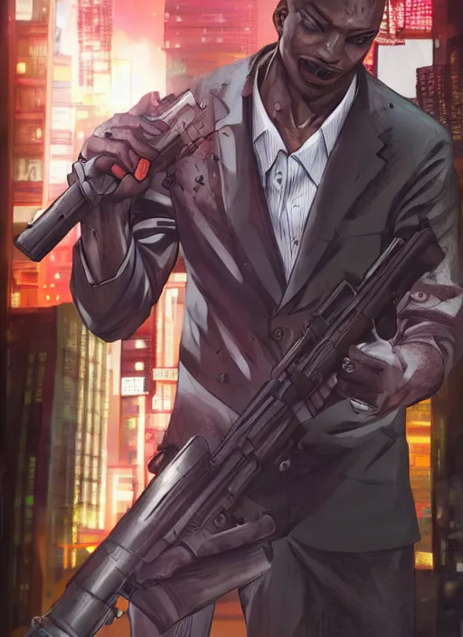 Image similar to manga cover, bloodied bald african-american man holding a gun, business suit, intricate cyberpunk city, emotional lighting, character illustration by tatsuki fujimoto