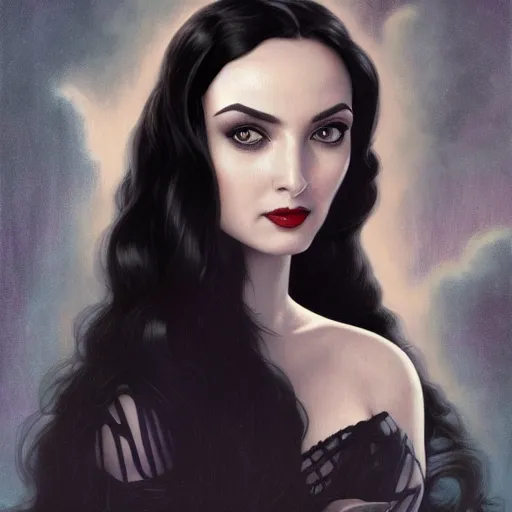 Image similar to ana de armas as morticia addams, masterpiece, intricate, elegant, highly detailed, digital painting, artstation, concept art, smooth, sharp focus, illustration, art by artgerm and greg rutkowski and alphonse mucha and uang guangjian and gil elvgren and sachin teng, symmetry!!