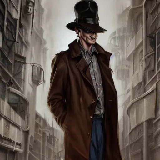 Image similar to dark fantasy character portrait of a handsome slick slim 1940s Investigator wearing a brown trenchcoat and fedora, dystopian mood, intricate, wild, highly detailed, digital painting, artstation, upper body, concept art, smooth, sharp focus, illustration, art by artgerm and greg rutkowski and alphonse mucha