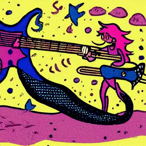 Image similar to illustration of a mermaid playing an stratocaster electric guitar, by Bill Watterson