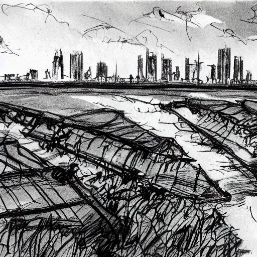 Image similar to milt kahl sketch of world war 1 trenches with the city of miami in the background