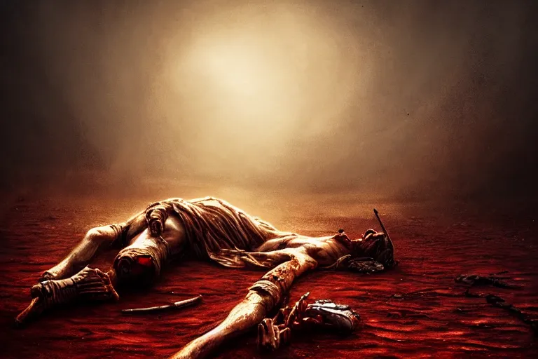 Image similar to the king in the desert dead on the ground, killed, red blood on gold sand, dark tragic scene, detailed scene, killed in war, fallen Crown, highly detailed, blood and dust, cinematic lighting, dramatic lighting, trending on artstation, elegant, intricate, tragedy, fantasy, D&D, highly detailed, digital painting, concept art