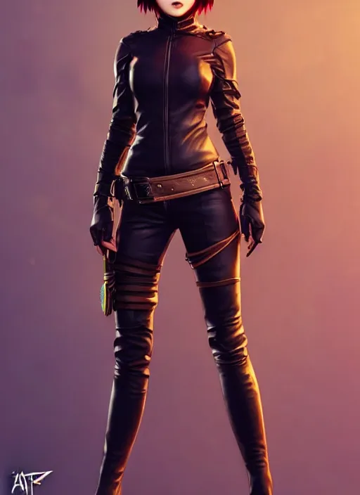 Image similar to rogue, leather bandit outfit!!! beautiful and athletic short hair female!! gorgeous face and eyes!! character concept art, sharp focus, octane render! unreal engine 5! highly rendered!! trending on artstation!! detailed linework!! illustration by artgerm, wlop, and chie yoshii