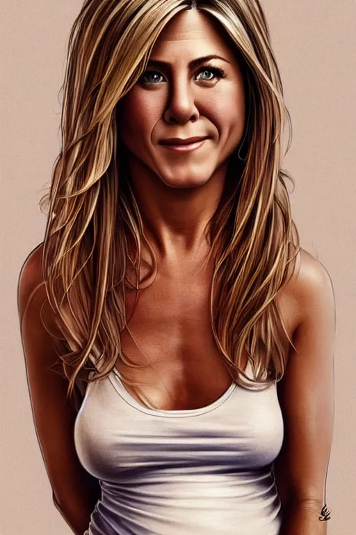 Image similar to pregnant jennifer aniston in a white tank top, realistic portrait, symmetrical, highly detailed, digital painting, artstation, concept art, smooth, sharp focus, illustration, cinematic lighting, art by artgerm and greg rutkowski and alphonse mucha