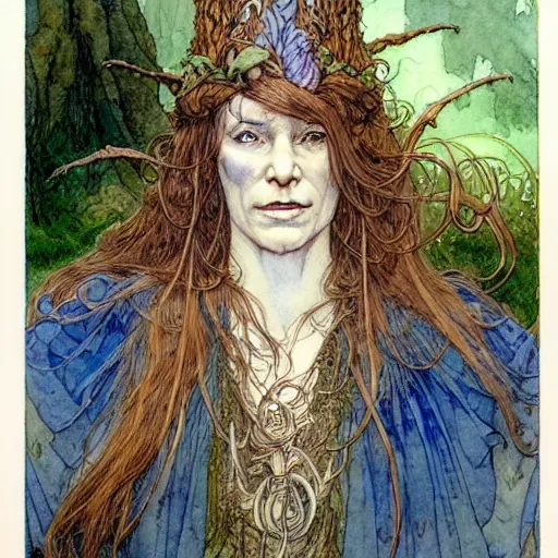 Image similar to a beautiful and very detailed character concept watercolour portrait painting by alan lee, rebecca guay, michael kaluta, charles vess and jean moebius giraud of a sanna marin, the prime minister of finland as a druidic wizard