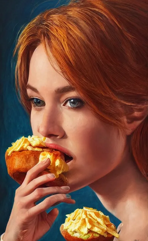 Prompt: amazing very detailed photorealistic painting of a beautiful woman enjoying a delicious mean. vibrant in color, very funny, personal, positive, visually pleasing and engaging. high resolution. high quality. hq hd. trending on artstation.