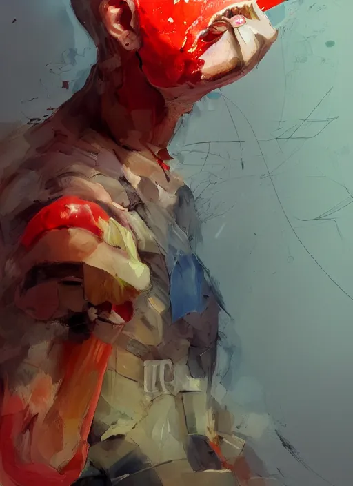 Image similar to semi reallistic gouache gesture painting, by yoshitaka amano, by ruan jia, by conrad roset, by dofus online artists, detailed anime 3 d render of an anthropomorphic watermelon, portrait, cgsociety, artstation, rococo mechanical, digital reality, sf 5 ink style, dieselpunk atmosphere, gesture drawn