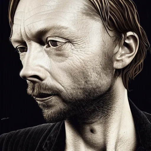 Image similar to collages, hyper realistic, many variations portrait of very old thom yorke, face variations, singer songwriter, ( side ) profile, liminal space, by lee bermejo, alphonse mucha and greg rutkowski, greybeard, smooth face