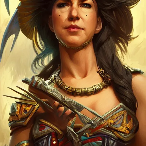 Image similar to Jeff Bezos!! as a female amazon warrior, closeup, D&D, fantasy, intricate, elegant, highly detailed, digital painting, artstation, concept art, matte, sharp focus, illustration, hearthstone, art by Artgerm and Greg Rutkowski and Alphonse Mucha