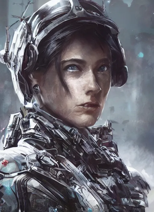 Image similar to Ultra realistic portrait of a female cyborg, cyberpunk, sci-fi fantasy, dramatic lighting, cinematic, establishing shot, extremely high detail, cinematic lighting, by Yoshitaka Amano, Ruan Jia, Kentaro Miura, Artgerm, post processed, concept art, artstation, style by eddie mendoza, raphael lacoste, alex ross, 8K, unreal engine