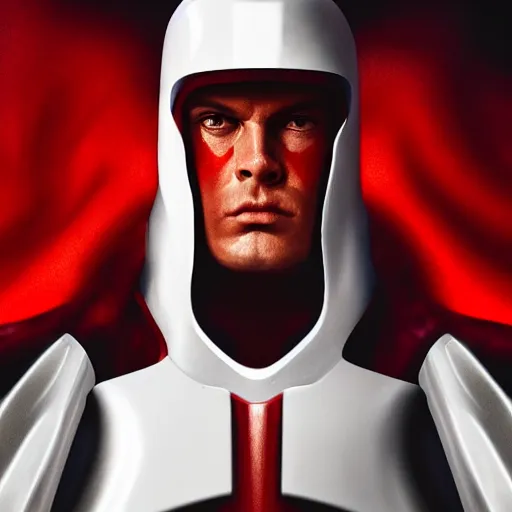 Image similar to portrait of a tall muscular infantry man in glossy sleek white armor with a few red details and a long red cape, heroic posture, deermined expression, on the surface of mars, night time, dramatic lighting, cinematic, sci-fi, hyperrealistic, movie still