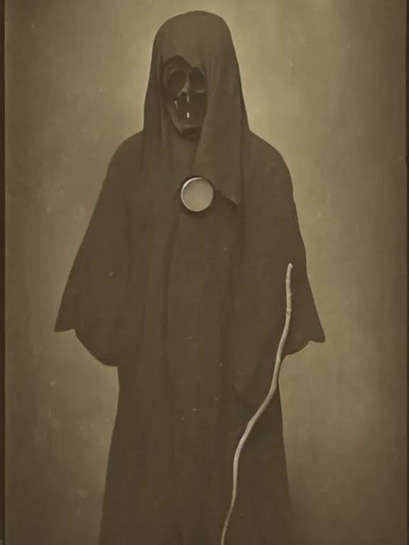 Image similar to portrait of faceless grim reaper with covered face and bright glowing eyes, ww1 photo, grainy, high detail, high resolution,