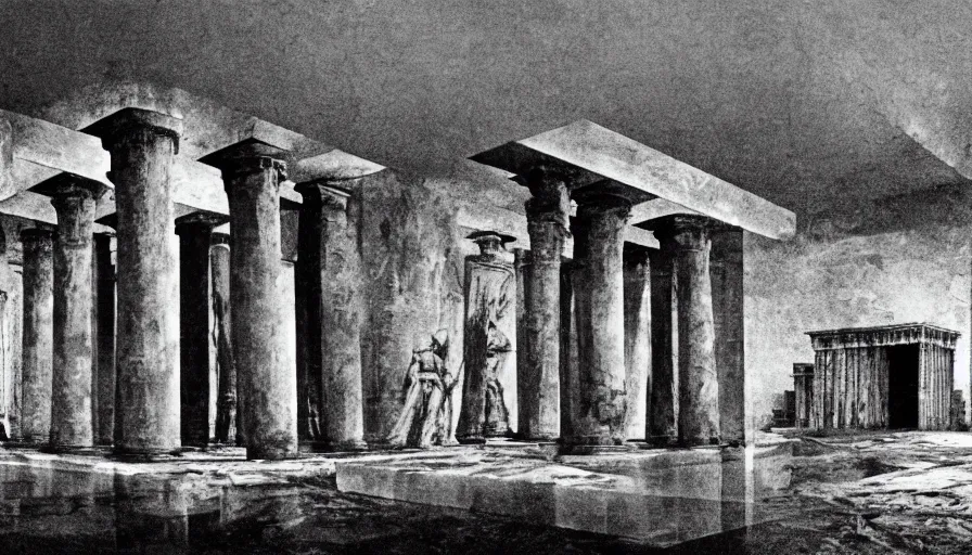 Prompt: 1 9 7 0 s andrei tarkovsky movie still of a pyramid building with columns, by piranesi, panoramic, ultra wide lens, cinematic light, anamorphic