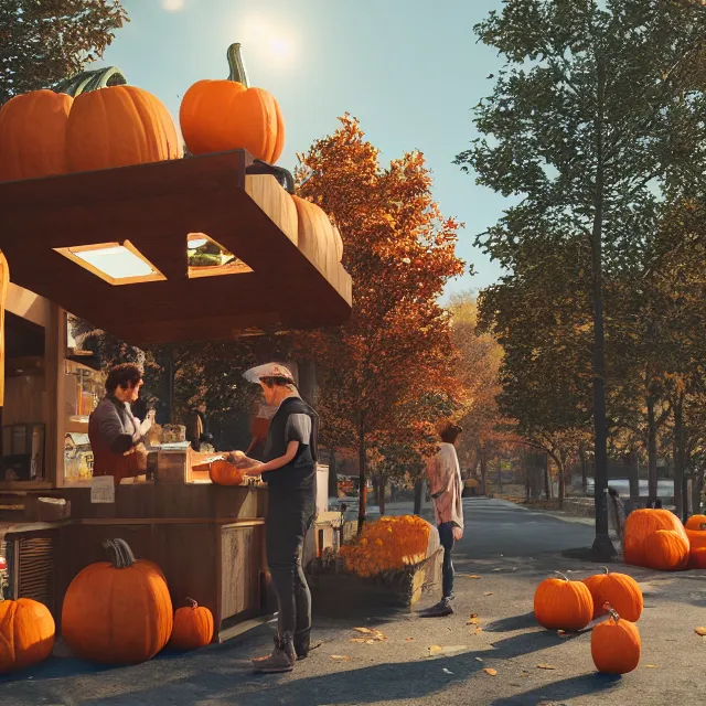 Image similar to pumpkin headed people ordering coffee at a coffee stand, maple trees with fall foliage, woodstock vermont, volumetric, realistic, cinematic lighting, ray tracing, unreal engine 5, octane render, hyper realistic, photo, 8 k