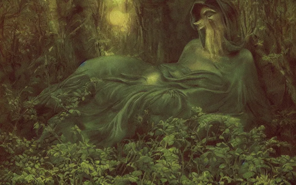 Image similar to the sleeping old goddess in shadow and mist overgrown garden (melancholy) (dreamy), exquisite painting, moody sharp colors