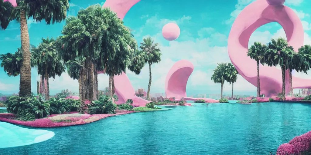 Image similar to artgem and Beeple masterpiece, hyperrealistic surrealism, award winning masterpiece with incredible details, epic stunning, infinity pool, a surreal vaporwave liminal space, highly detailed, trending on ArtStation, calming, meditative, pink arches, palm trees, very vaporwave, very very surreal, sharp details, dreamscape, giant head statue ruins