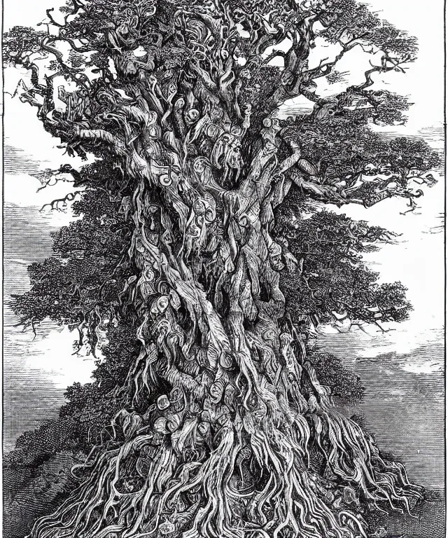 Prompt: ancient gnarled oak, tree of life on top of an open book, art by james o barr and albrecht durer and gustave dore, woodblock print, engraved, black and white, vector, vector art