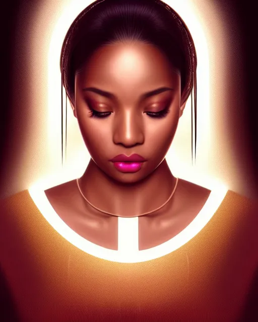 Prompt: ( ( portrait of tech goddess ) ), zoom, rule of thirds, atmosphere, intricate, regal, latinas, ( brown skin ), symmetrical!!, loreal, maybelline, sephora, loreal, artstation, art by artgerm and gonzalo ordonez arias, moody, concept art, filmic, vsco