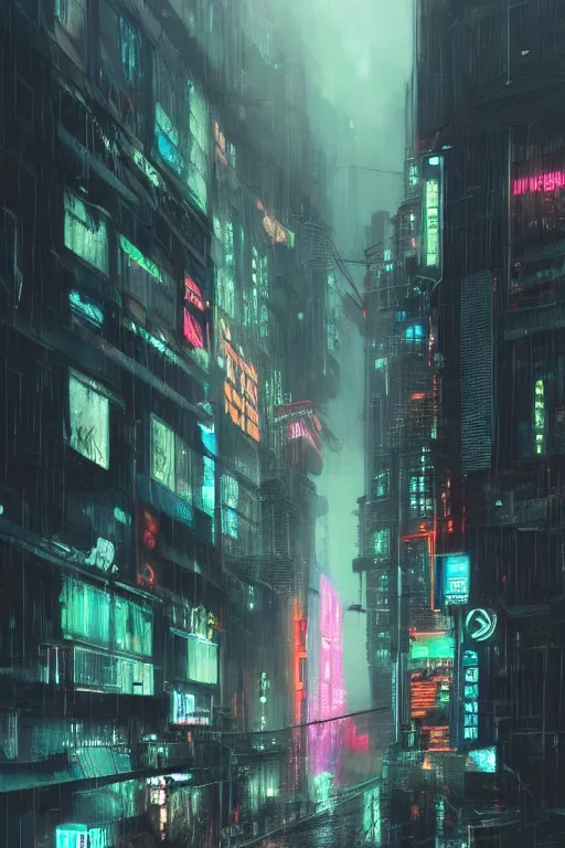 Image similar to a brutalist cyberpunk city street at night, raily season, very wet, neon lights and adds, architecture, a realistic digital painting by greg rutkowski and james gurney, trending on artstation, very highly detailed, 8 k