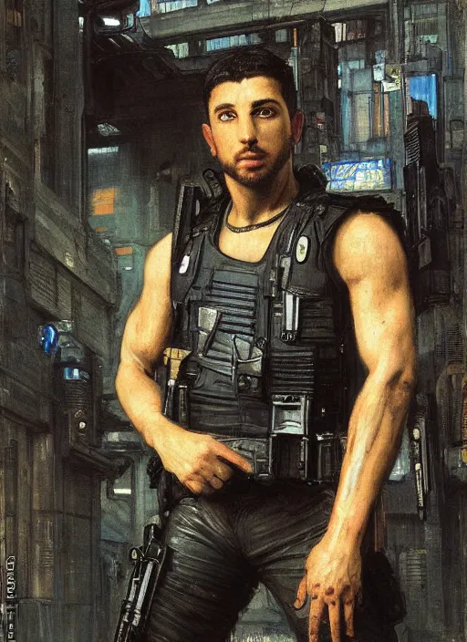 Image similar to Cyberpunk theif escaping Menacing Cyberpunk police trooper wearing a combat vest. Rainy streets (dystopian, police state, Cyberpunk 2077, bladerunner 2049). Iranian orientalist portrait by john william waterhouse and Edwin Longsden Long and Theodore Ralli and Nasreddine Dinet, oil on canvas. Cinematic, vivid colors, hyper realism, realistic proportions, dramatic lighting, high detail 4k