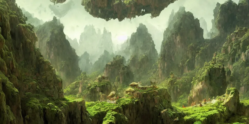 Prompt: huge cave ceiling towns, villages castles buildings bytopia planescape clouds made of green earth inverted upsidedown mountain surreal artstation illustration sharp focus sunlit vista painted by ruan jia raymond swanland lawrence alma tadema zdzislaw beksinski norman rockwell tom lovell alex malveda greg staples