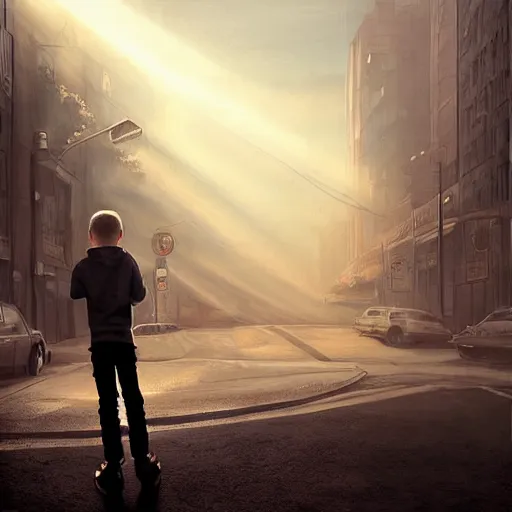 Prompt: a boy in a big apocalyptic city, sunrays in fog, sharp high quality artwork in style of jared chavez, unreal engine, hyper realism, realistic shading, cinematic composition, hdr, detailed textures, photorealistic, 3 5 mm film, concept art, top of artstation