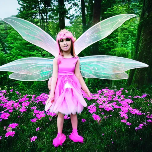 Image similar to a young girl dressed up as fairy in front of some pink flowers