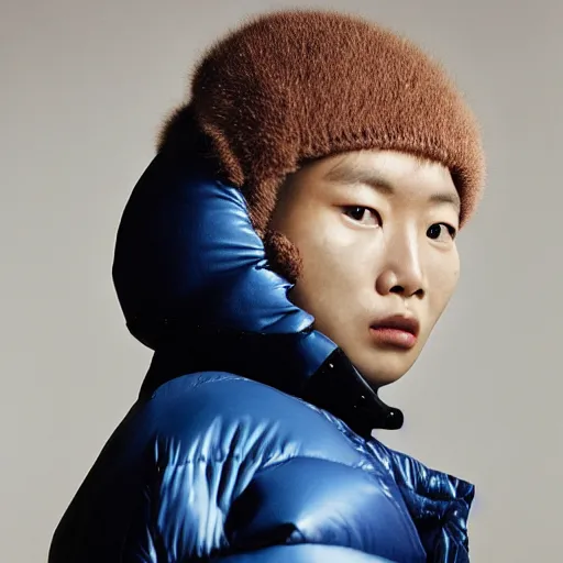 Image similar to realistic photoshooting for a new balenciaga lookbook, color film photography, portrait of a blonde asian woman, model wearing a puffer jacket, photo in style of tyler mitchell, 3 5 mm,