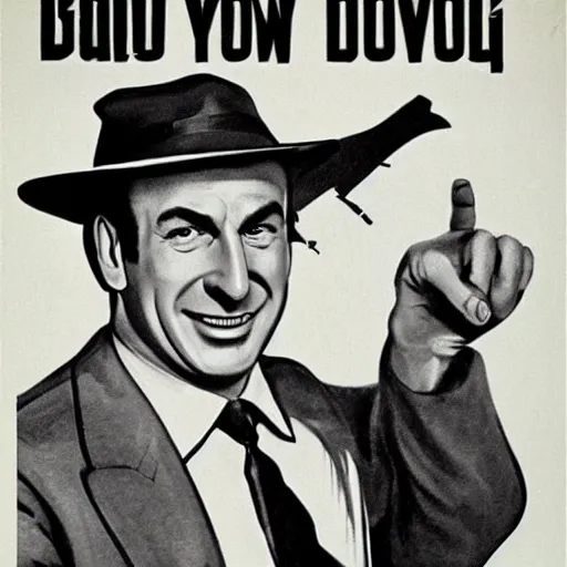 Prompt: saul goodman pointing at you while smiling, 1 9 4 0's propaganda poster