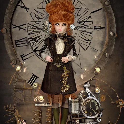 Prompt: A steampunk doll made of clocks infront of a clock tower, artstation 4k