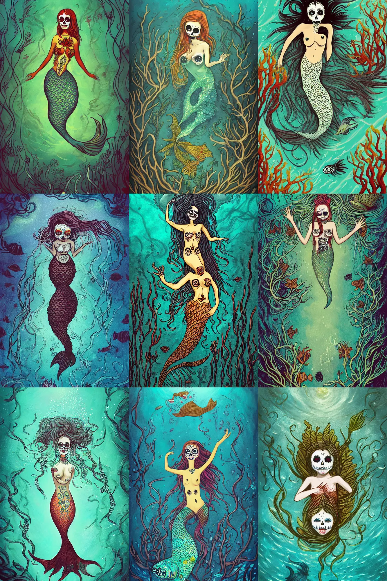 Prompt: illustration of a day of the dead mermaid under the sea, surrounded by kelp, art by Anato Finnstark