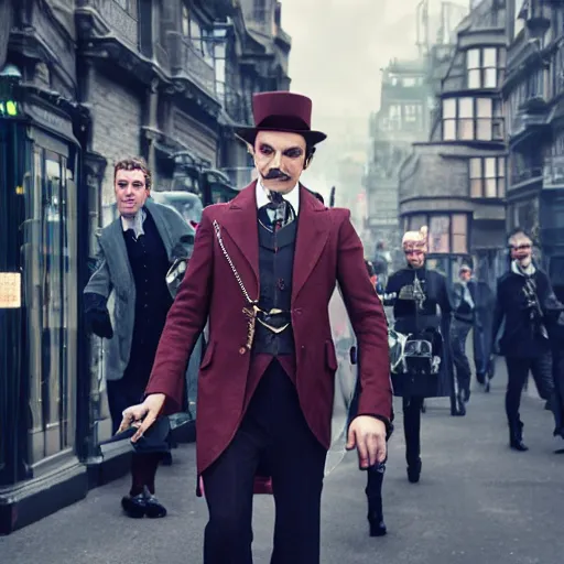 Image similar to [UHD candid photo of Professor Moriarty on the streets of futuristic steampunk London, correct face, accurate details, graphic detail, sharp focus by Annie Leibowitz]