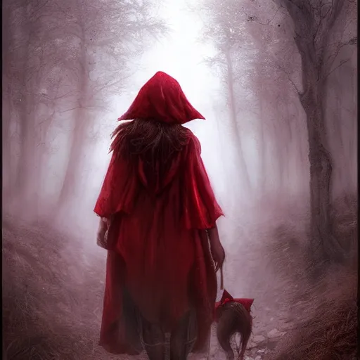 Image similar to highly detailed digital matte painting of little red riding hood walking through a dark foggy forest path, grimdark atmosphere, and volumetric light. trending on artstation, luis royo