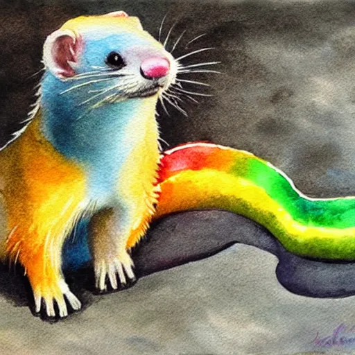 Image similar to rainbow ferret, aquarelle painting, high quality