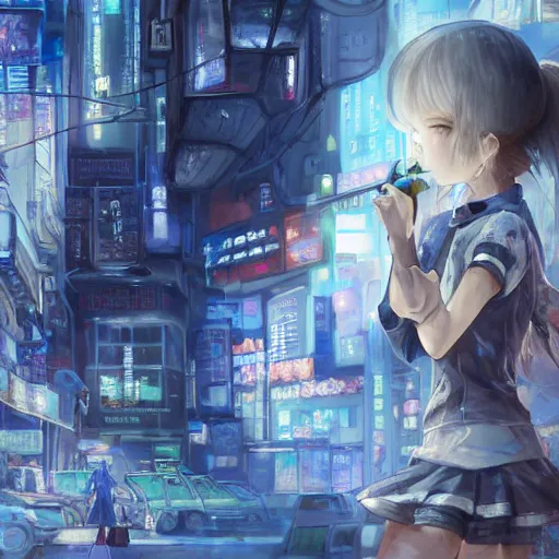 Image similar to dynamic composition, motion, ultra-detailed, incredibly detailed, a lot of details, amazing fine details and brush strokes, colorful and grayish palette, smooth, HD semirealistic anime CG concept art digital painting, watercolor oil painting of Clean and detailed post-cyberpunk sci-fi close-up schoolgirl in asian city in style of cytus and deemo, blue flame, relaxing, calm and mysterious vibes,, by a Chinese artist at ArtStation, by Huang Guangjian, Fenghua Zhong, Ruan Jia, Xin Jin and Wei Chang. Realistic artwork of a Chinese videogame, gradients, gentle an harmonic grayish colors. set in half-life 2, Matrix, GITS, Blade Runner, Neotokyo Source, Syndicate(2012), dynamic composition, beautiful with eerie vibes, very inspirational, very stylish, with gradients, surrealistic, dystopia, postapocalyptic vibes, depth of field, mist, rich cinematic atmosphere, perfect digital art, mystical journey in strange world